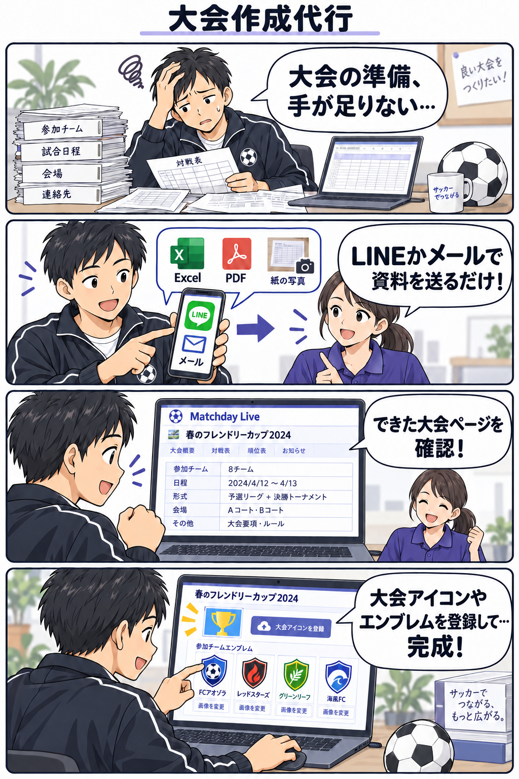 大会作成代行の4コマ漫画。1 大会の準備に手が足りない。2 LINEかメールでExcel・PDF・紙の写真を送る。3 依頼者ができた大会ページを確認。4 ご自身で大会アイコンやチームエンブレムを登録して完成。