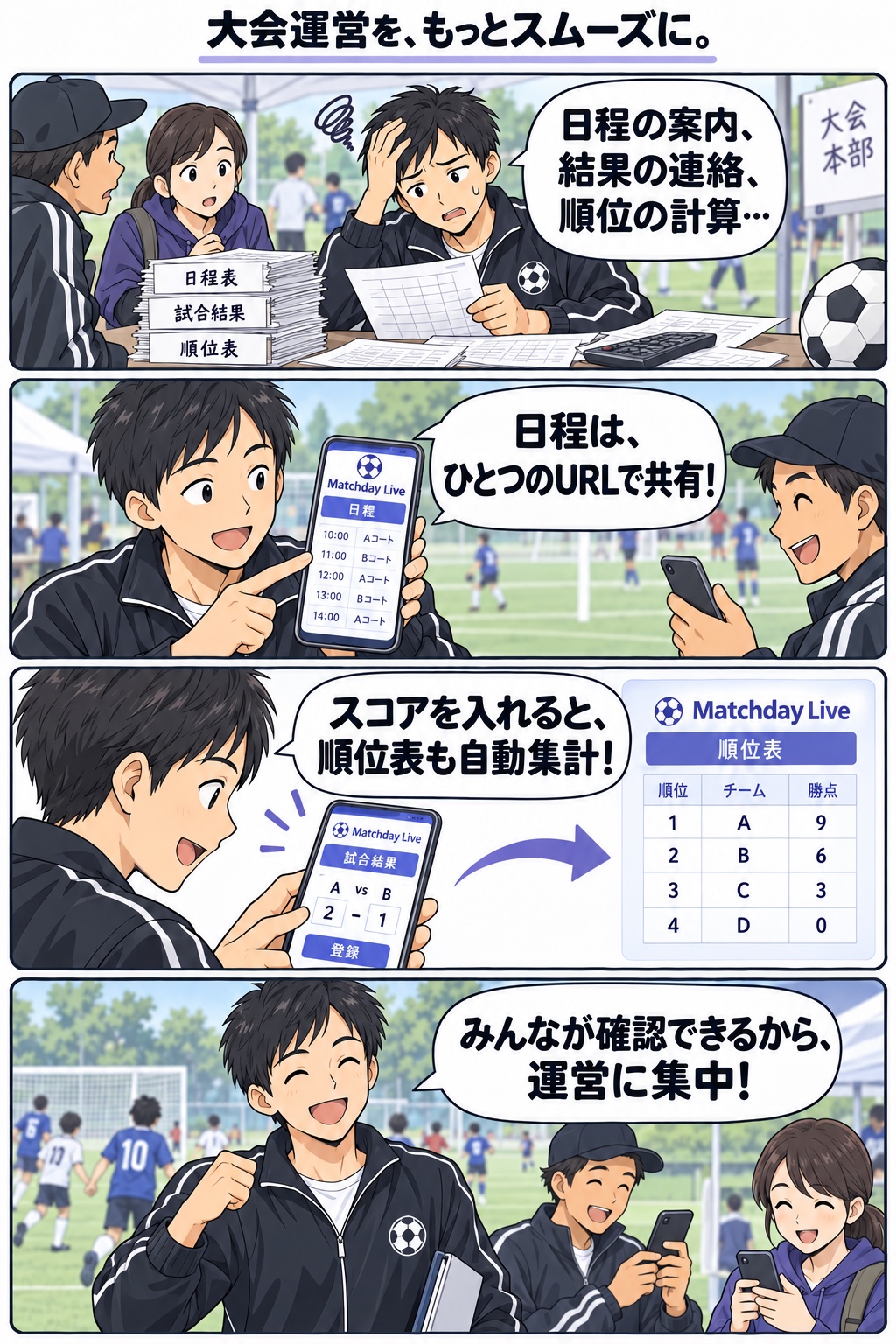 大会運営をもっとスムーズに。日程はひとつのURLで共有し、スコア入力で順位表を自動集計。参加者が自分で確認でき、主催者は運営に集中できます。