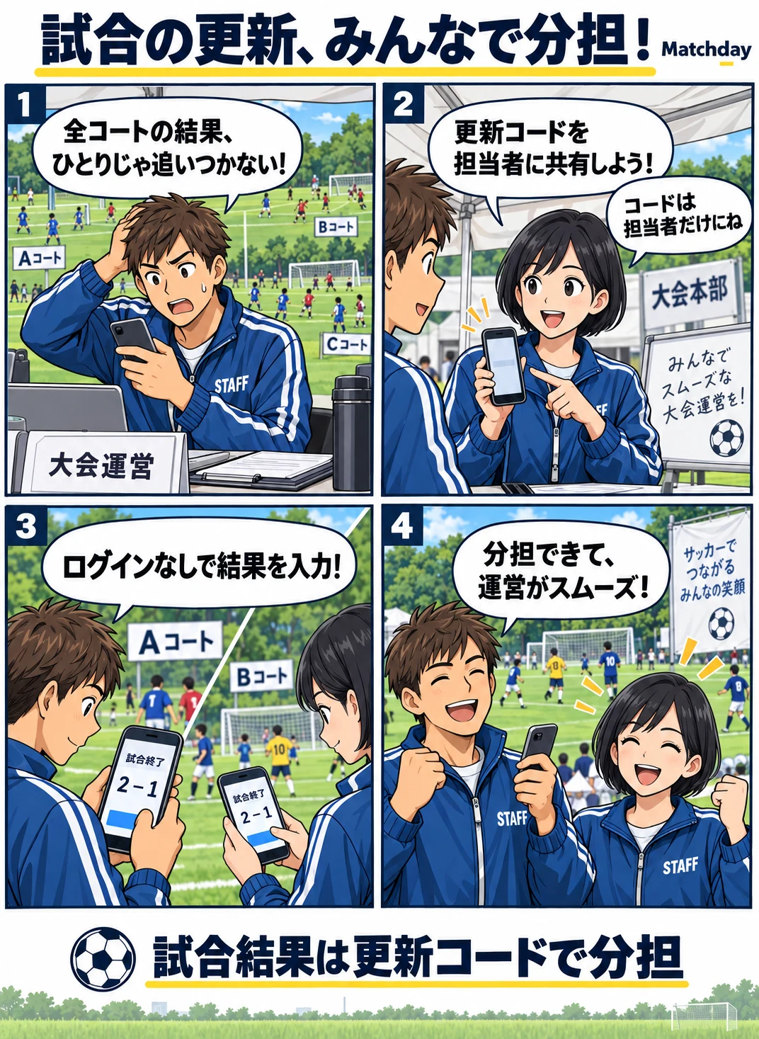 試合結果の更新をひとりで抱える主催者が、担当者だけに更新コードを共有。担当者がログインせずに各コートの結果を入力し、更新作業を分担する4コマ漫画。